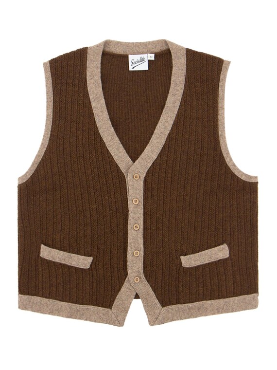 Mens 1940s Style Knitted Waistcoat - Wool Sweater Vest - Coffee