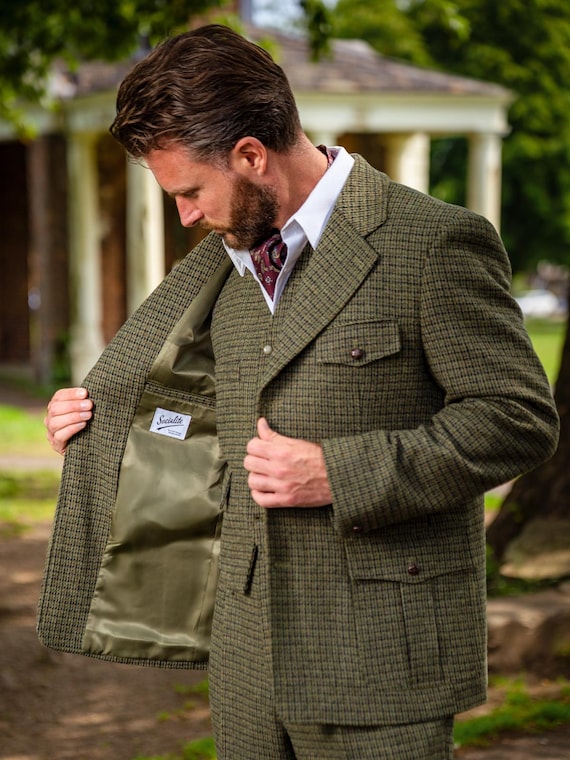 Mens 1940s Houndstooth Wool Jacket - Pleated Pockets - Moss Green