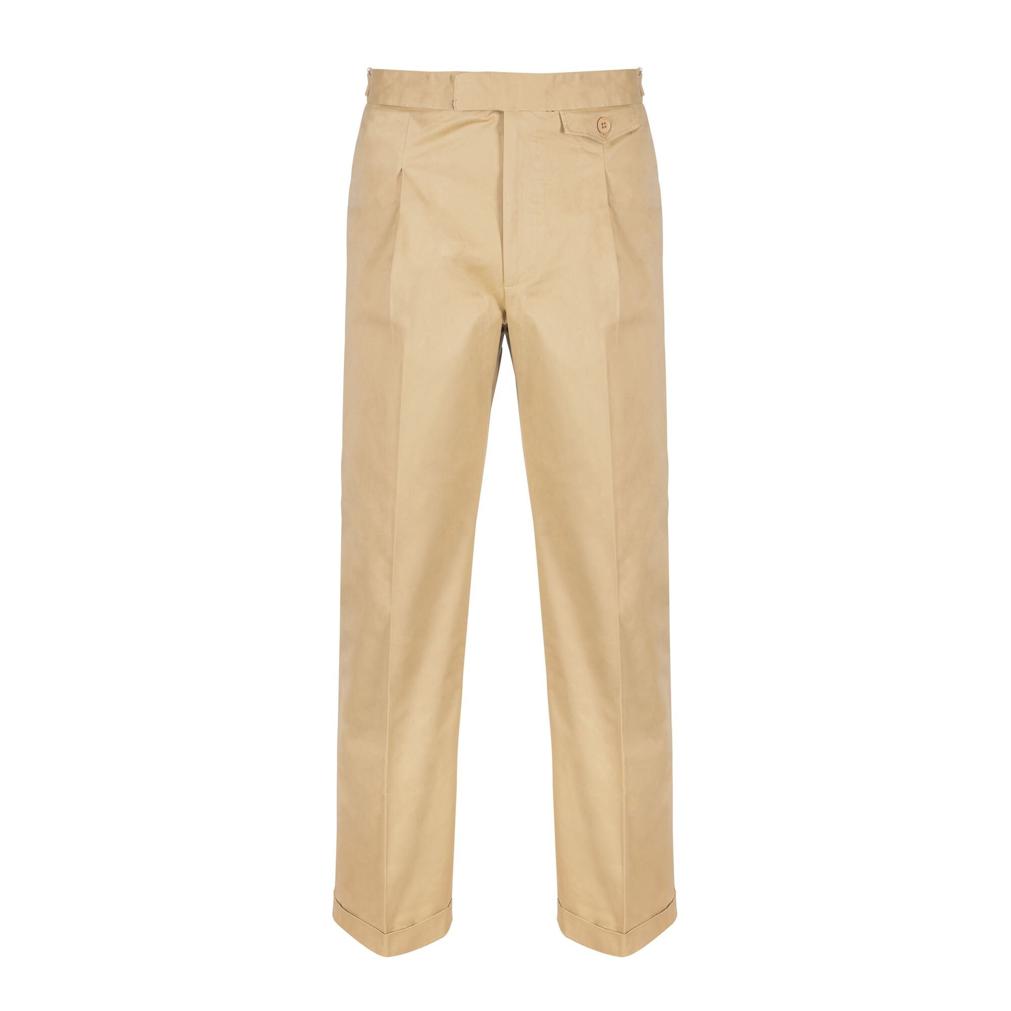 Image of Fishtail Back Trousers Revival 1940S Beige Chino Cotton Mens High Waist Pants