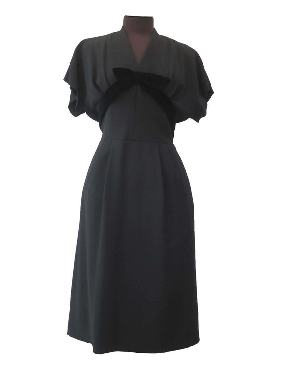Velvet Trim Black Vintage 1940s Dress UK 12