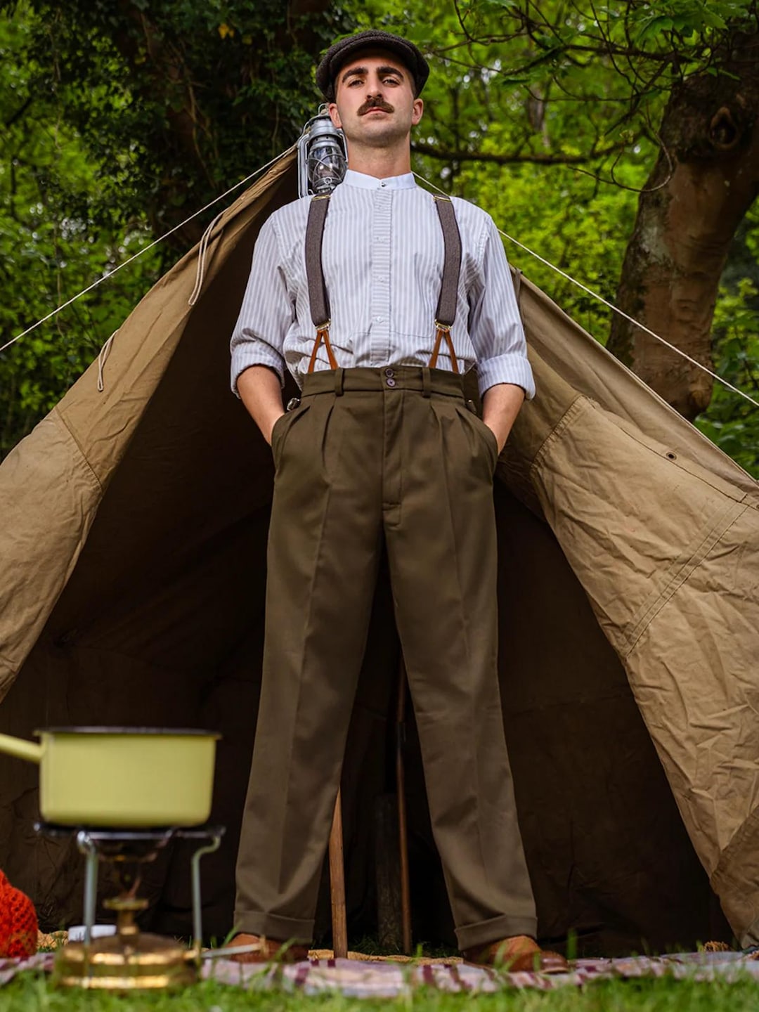 Mens 1940s Style High Waist Trousers - Fishtail Back - Green Brown