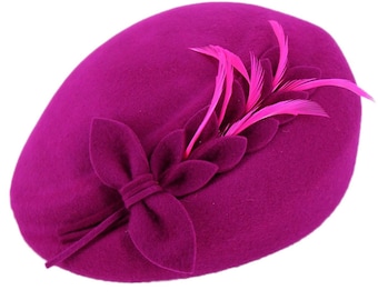 Fuschia Pink Wool Felt Cloche Hat – Vintage Style with Petal & Feathers