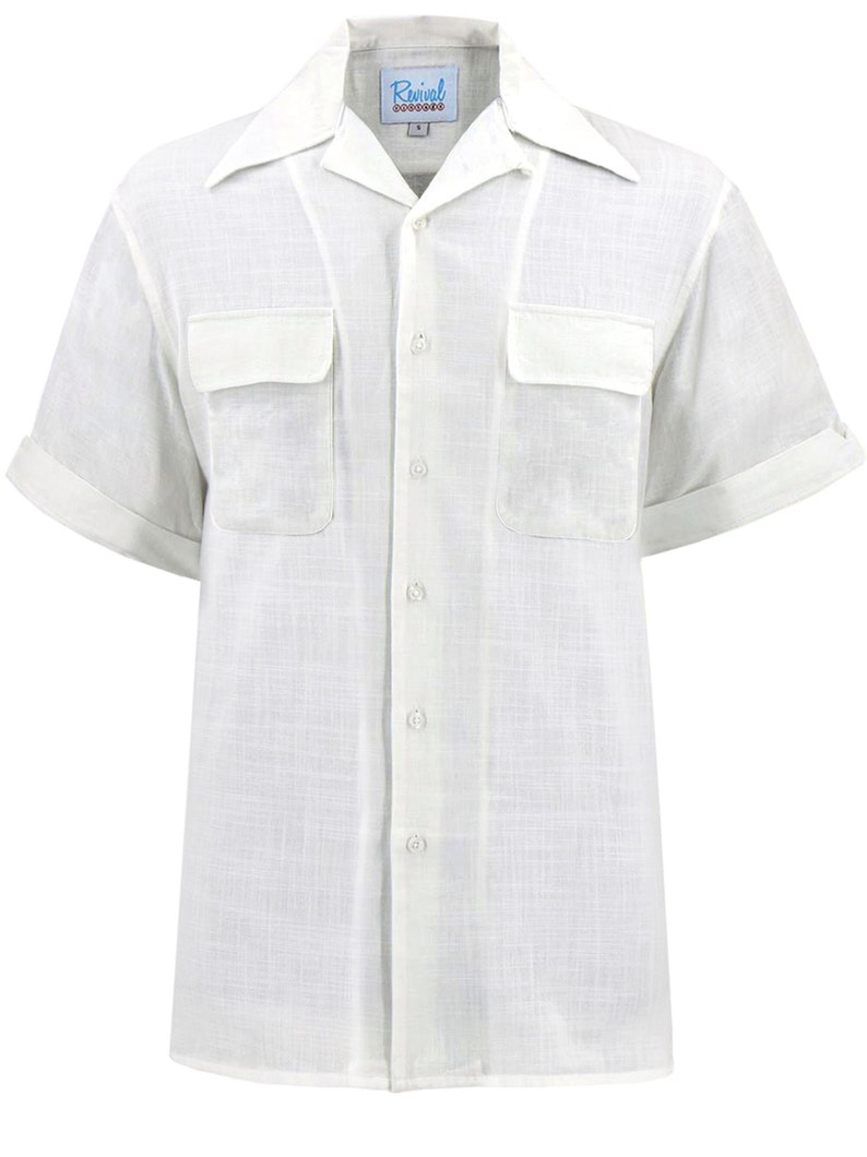 1940s Mens Shirt Styles | Dress Shirts, Casual Shirts     White Cotton Leisure Shirt - 1940s 1950s Authentic Vintage Replica - Revival Pure Cotton - Retro Mens White Casual Summer Shirt  AT vintagedancer.com