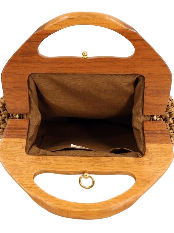Brown Raffia Wooden Handle Vintage Grab Bag - image 4