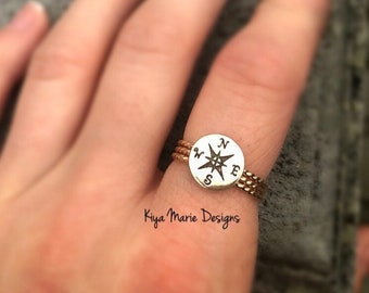 Compass Ring, skinny band stack ring, bronze gold filled Stack Rings, Sea life nautical rings, beach ocean jewelry