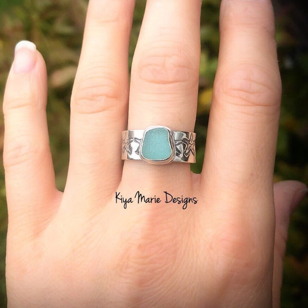 Sea Glass Ring, Thick stamped ring, bezel set in argentium silver, Capri Island Italian sea glass, rare, Eco friendly, beach ocean jewelry