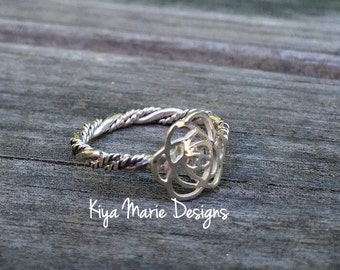 Flower Ring, rose ring, twisted band stack ring, Sterling Silver Argentium Silver Stack Rings, Nature flower rings