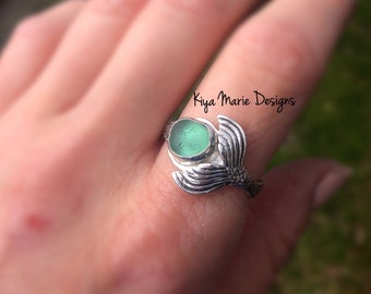 Sea Glass Mermaid Ring, Sterling Silver Mermaid Tail Ring, Mermaid jewelry, Ocean Jewelry, Sea Maiden Ring