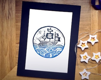 Limited Edition 'Here Be Monsters' Hand-Printed Linocut Print 14" x 11", Hand Made Nautical Art Print