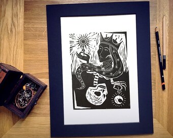 Limited Edition 'The Queen' Hand-Printed Linocut Print 34cm x 27cm, Hand Made Lady Macbeth Inspired Gothic Art Print