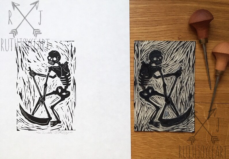 Limited Edition 'La Morte' Hand-Printed Linocut Print 14 x 11, Hand Made Gothic Art Print image 2