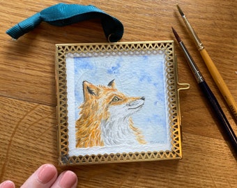 The Magical Fox Original Framed Painting - 8cm x 8cm - Witchy Animal Home Decor // Fox Lovers framed art // Gold frame