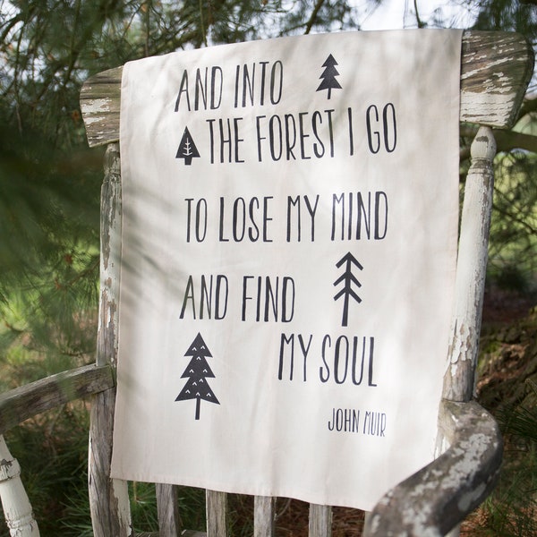 Into the forest I go, screen-printed, organic cotton tea towel - perfect for camping, cabin decor, nature-lovers, RV or campervan