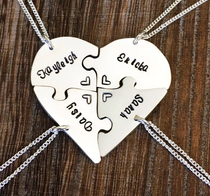 Hand Engraved Heart Puzzles Necklaces Friendship BFF Four Etsy