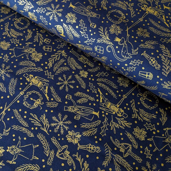 Last! Metallic Nutcracker Fabric by the Yard, Mini Overture by Michael Miller, Gold & Navy Christmas, Cotton, Quilt, Holly Fabric, Holiday