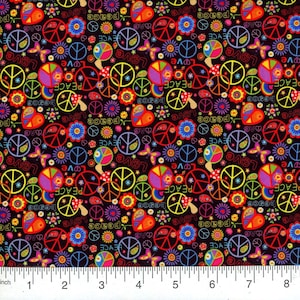 Hippie Fabric, Hippy Fabric, Groovy Fabric, 70s Fabric, 60s Fabric, Peace Sign Fabric, Peace Fabric, Cotton Fabric, Fabric by the Yard, Love