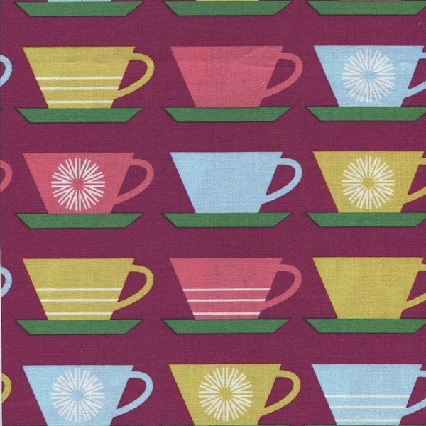 Retro Kitchen Fabric by the Yard, Quilt, Cotton, Happy Home by Robert Kaufman, Novelty 50s, Retro Cup on Plum, OOP, Coffee, Tea Party, HTF