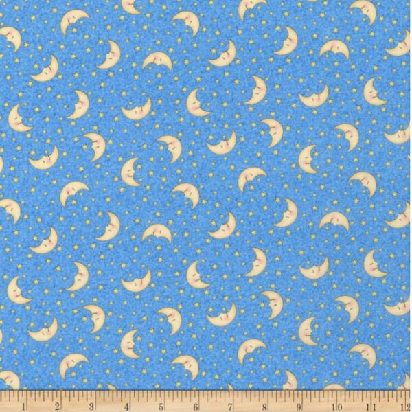 Moon Fabric, Star Fabric, Stars, Moon, Sky Fabric, Nursery Fabric, Baby Fabric, Sleepy time, Blue and Yellow. Cute ~