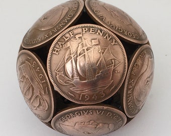 British Big Old Bronze Half Penny coin ball . Various dates available 1937 - 1967 . Unique 60th / 70th / 80th birthday / anniversary present