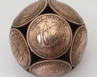 British Big Old Bronze Half Penny coin ball . Various dates available 1937 - 1967 . Unique 60th / 75th / 80th birthday / anniversary present