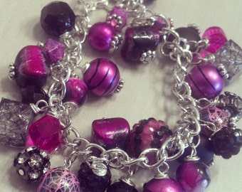 Magenta and Black Beaded Bracelet