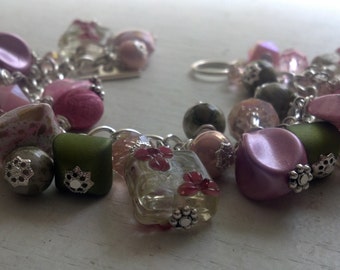 Pink and Green Beaded Bracelet with Flower Paint Square Beads and Pink Crystals