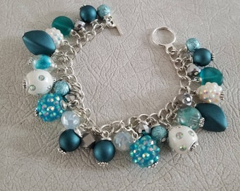 Teal, Turquoise, White and Silver Beaded Dangle Charm Bracelet