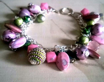 Pastel Pink and Green Handmade Beaded Charm Bracelet