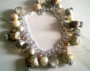 Gold and Beige Handmade Beaded Charm Bracelet