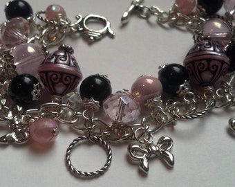 Pink Ballet Bow Charm Bracelet - Pink and Black Ballerina Inspired Beaded Charm Bracelet with Silver Bow Charms and Pink Crystals