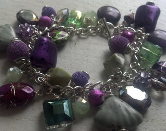 Purple and Green Rock/Shell/Diamond Beaded Bracelet