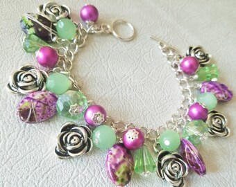 Purple, Magenta Pink, and Green Beaded Dangle Bracelet with Rose Flower Charms