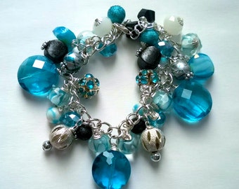 Light Sky Blue, Black, White and Silver Beaded Bracelet