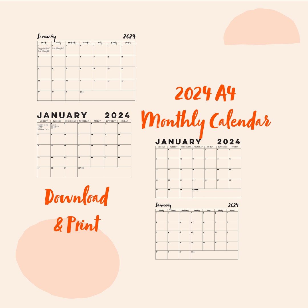 2024 Monthly A4 Printable Calendar Desk Calendar UK Date Etsy