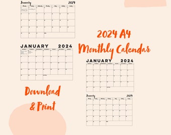 2024 Monthly A4 Printable Calendar | Desk Calendar | UK Date Calendar | Planning