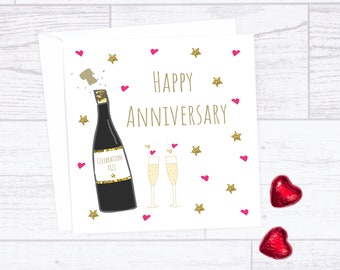 Champagne Prosecco Happy Anniversary greeting card - personalised anniversary card