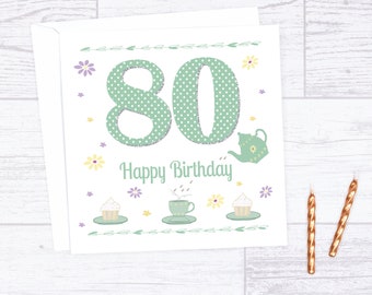 80th Birthday card - personalised 80th birthday card - tea birthday cake - card for 80 year old - age card for female