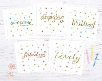 5 colourful birthday cards - five typography birthday cards