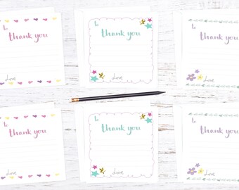 Thank you notecards - birthday thank you cards - party thank you cards for kids - stars flowers hearts thank you cards