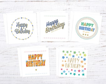 Pack of 5 birthday cards - blue green colour wording birthday cards - birthday card pack for friends