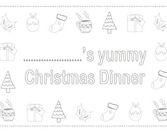Printable colour in place setting (mixed) - printable christmas dinner table colouring  - personalise your own place setting colouring kids