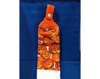 Halloween / Harvest Hanging Hand Towel 'Jack-O-Lanterns' with Orange Crocheted Top 22287