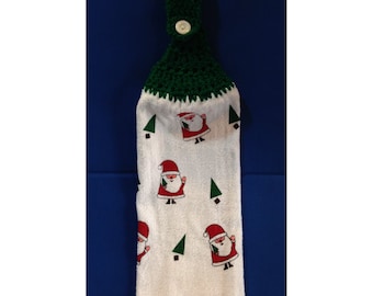 Christmas Hanging Hand Towel with Santas and Trees all over with Green Crocheted Top 22071