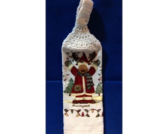 Christmas Hanging Hand Towel Reindeer in a Santa Suit with White Crocheted Top 22046