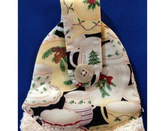 Christmas Hanging Hand Towel (Tea Towel) Ecru Towel with Christmas China Themed Fabric Top 22324