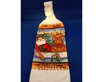 Christmas Hanging Hand Towel 'Northern Christmas' with White Crocheted Top 22041