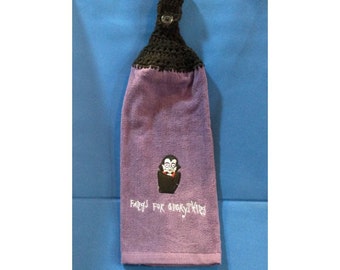Halloween Hanging Hand Towel 'Dracula - Fangs for Everything' with Black Crocheted Top 22292