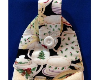 Christmas Hanging Hand Towel (Tea Towel) Buttercream Towel with Christmas China Themed Fabric Top 22208