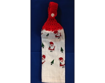 Christmas Hanging Hand Towel with Santas and Trees all over with Red Crocheted Top 22071