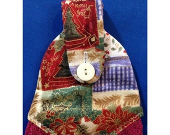 Christmas Hanging Hand Towel (Tea Towel) Burgundy Towel with Christmas Scenes Themed Fabric Top 22201